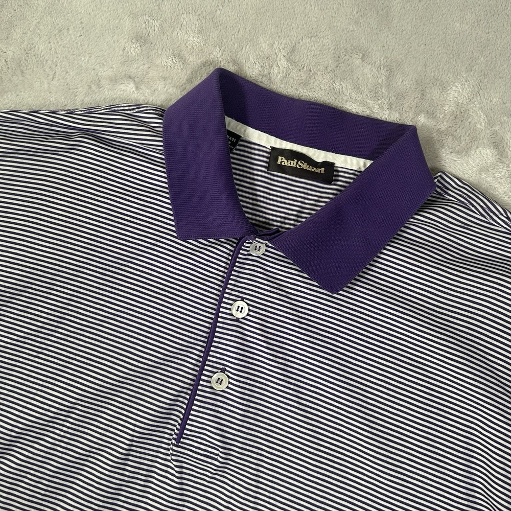 Paul Stuart Polo Shirt Mens XL White Purple Striped Golf Vintage Preppy Comfort